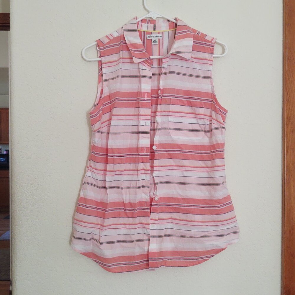 CROFT BARROW SLEEVELESS BUTTON UP COLLARD BLOUSE GRAPEFRUIT PINK STRIPED MED